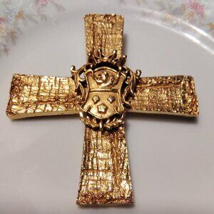 Vtg Big Brutalist Gold Tone Cross Brooch Crown of Thorns Holy Trinity 3.25 in